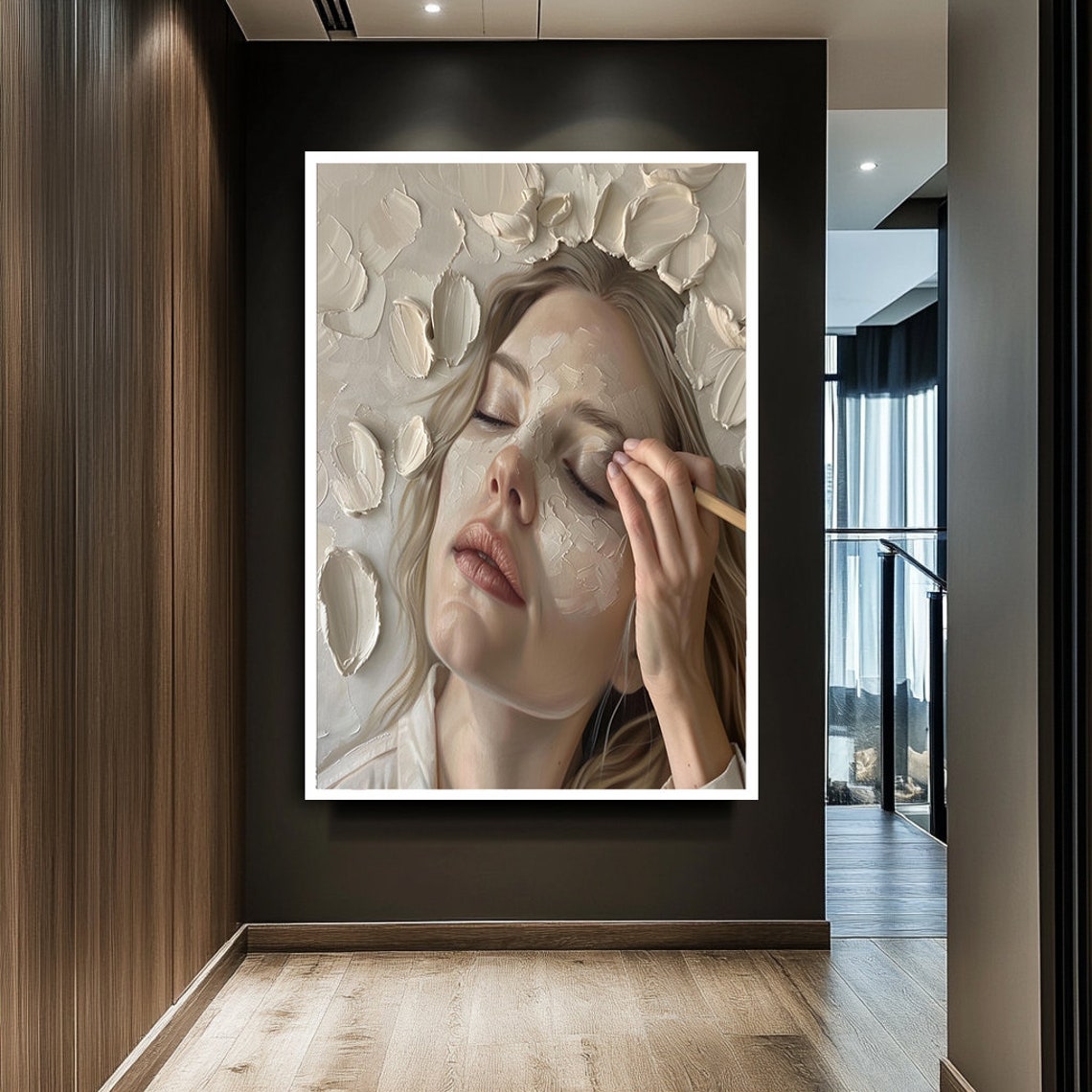 Woman Applying Makeup White Petals Serene Beauty Portrait Poster - Image 2