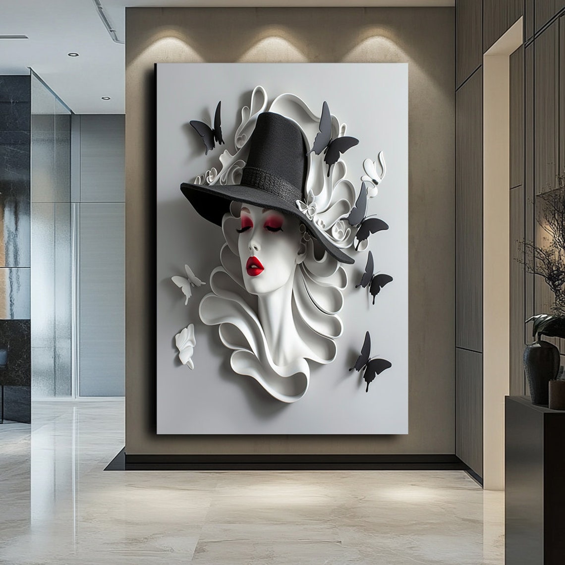 Paper Art Woman Hat Butterflies Red Lips 3D Sculptural Art Poster