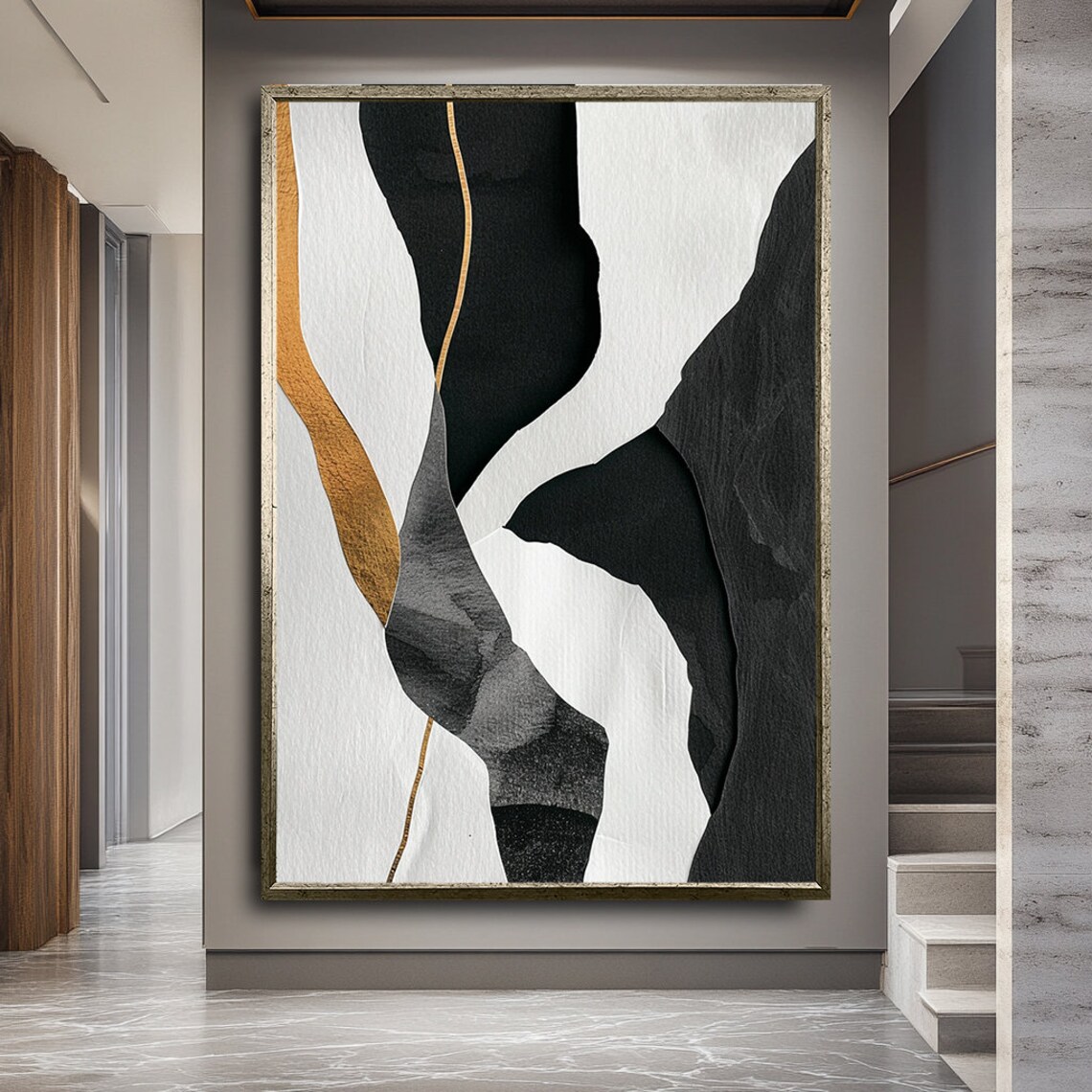 Black White Gold Ribbon Shapes Modern Abstract Wall Art Poster - Image 2