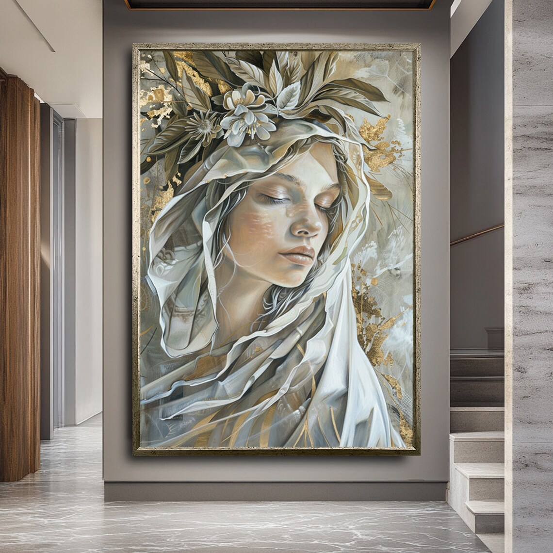 Veiled Beauty Ethereal Woman Portrait With Golden Floral Crown Wall Art - Image 4