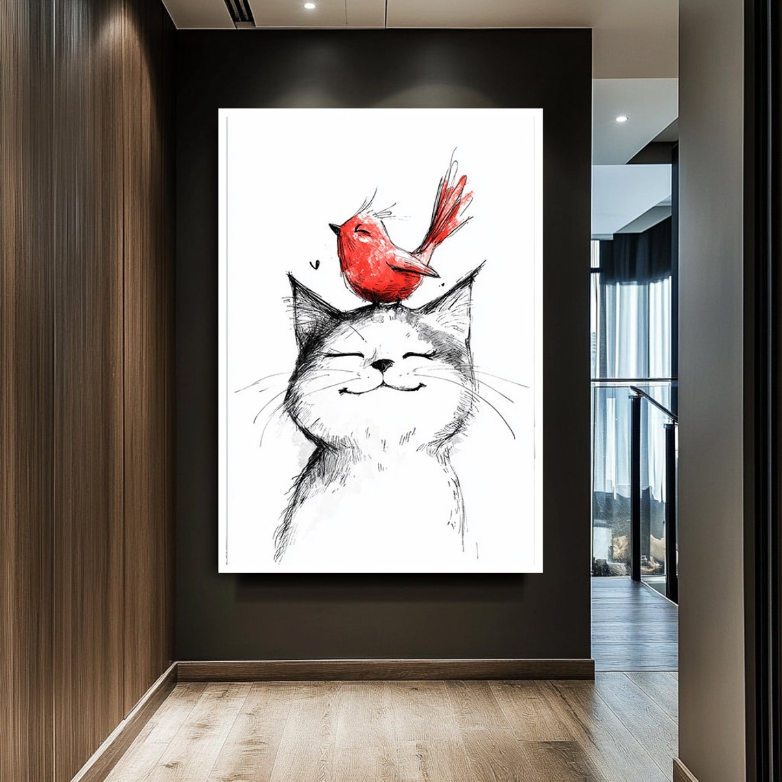 Smiling Cat With Red Bird Perched On Head Minimalist Ink Sketch Poster - Image 2