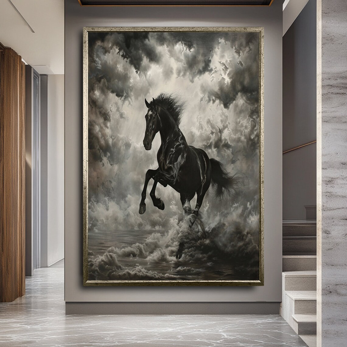 Wild Black Horse Rearing Storm Clouds Dramatic Monochrome Poster - Image 3
