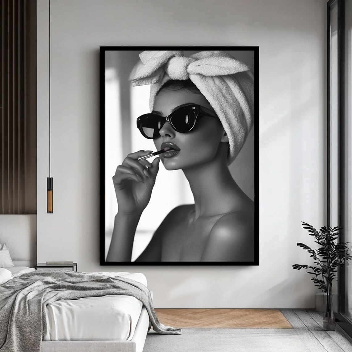 Black White Woman With Towel Turban Applying Lipstick Glam Beauty Poster - Image 4