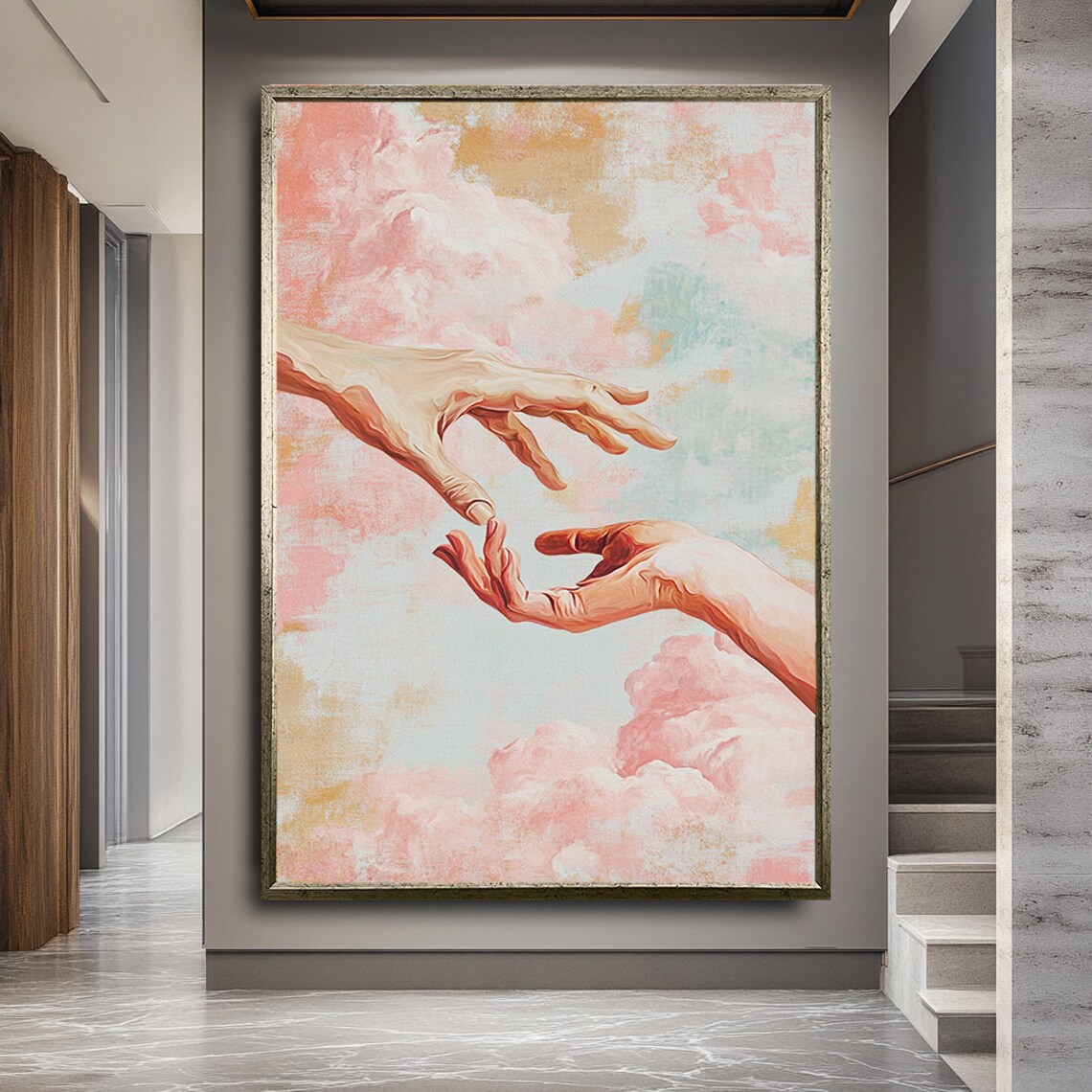 Creation of Adam Style Hands Reaching Pastel Clouds Romantic Art Print - Image 2