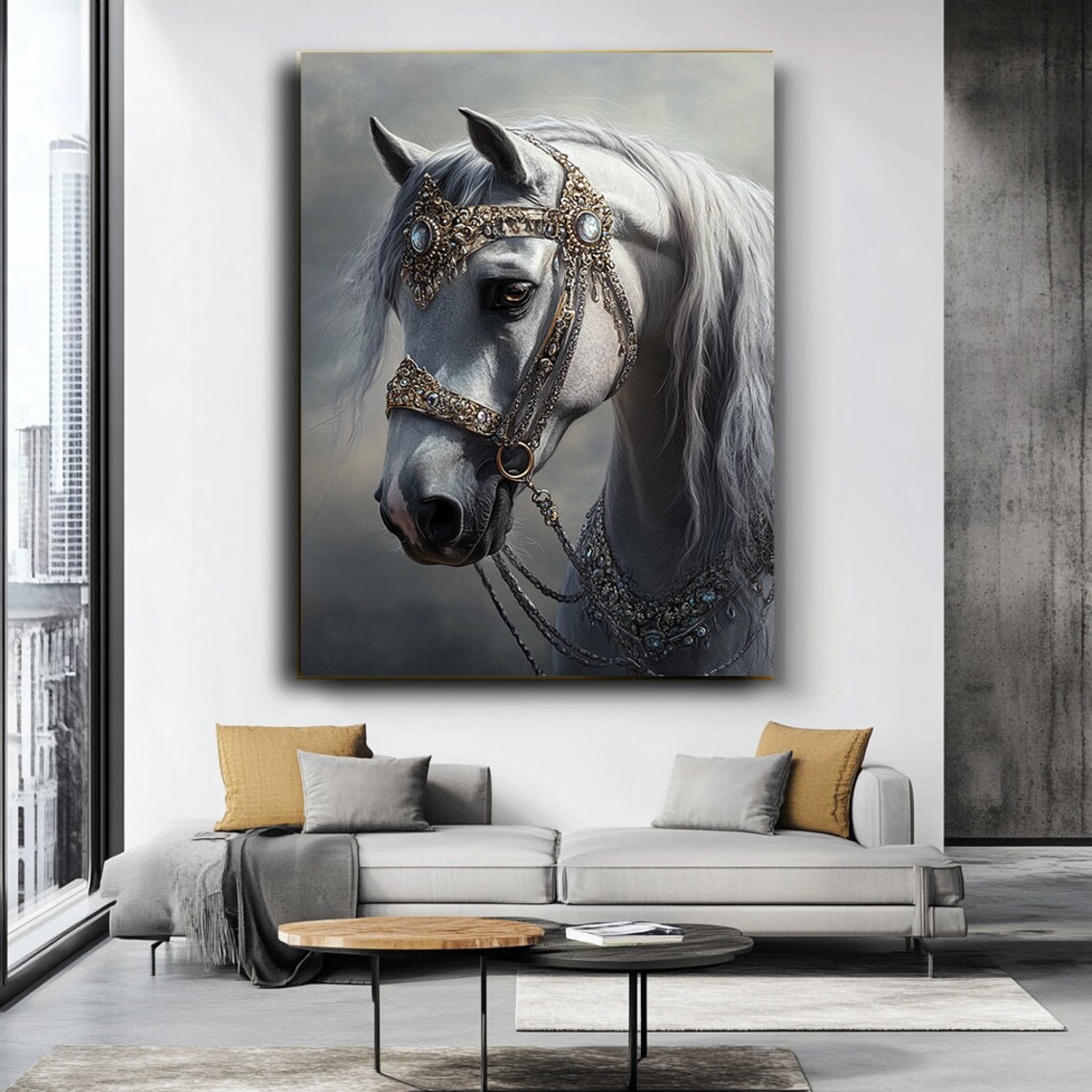 White Horse Head In Jeweled Golden Bridle Majestic Equine Art Poster - Image 3