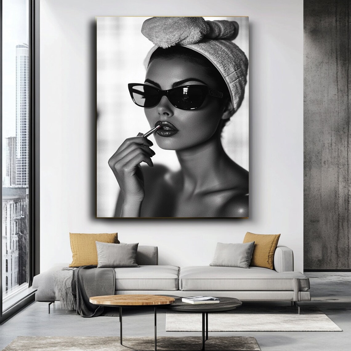 Stylish Woman In Sunglasses Applying Lipstick Towel Head Black White Poster - Image 3