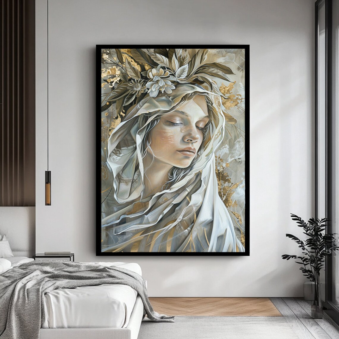 Veiled Beauty Ethereal Woman Portrait With Golden Floral Crown Wall Art - Image 3