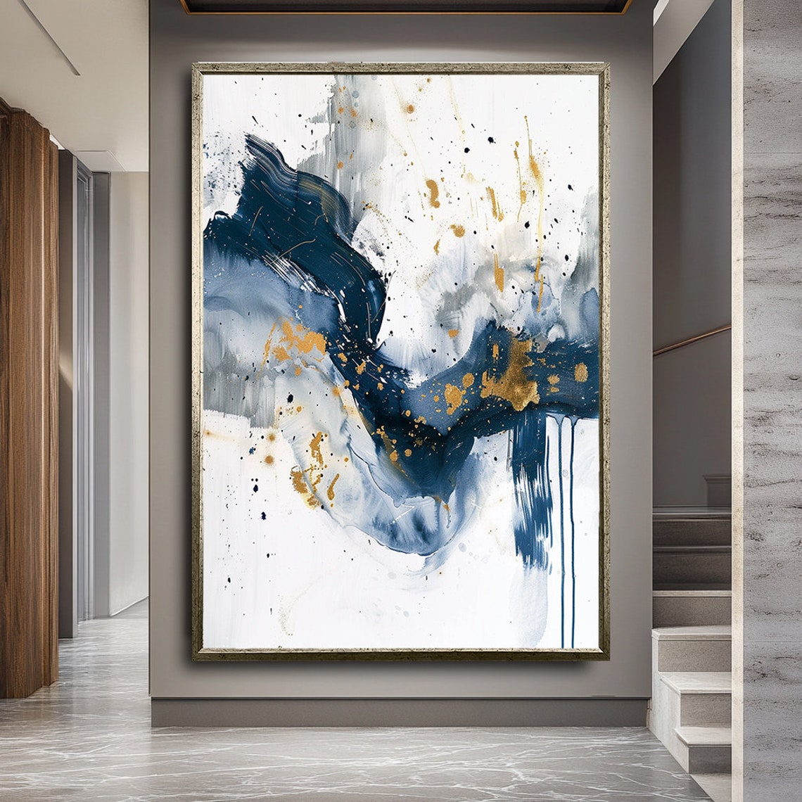 Navy Blue Gold Watercolor Abstract Fluid Ink Modern Art Poster - Image 3