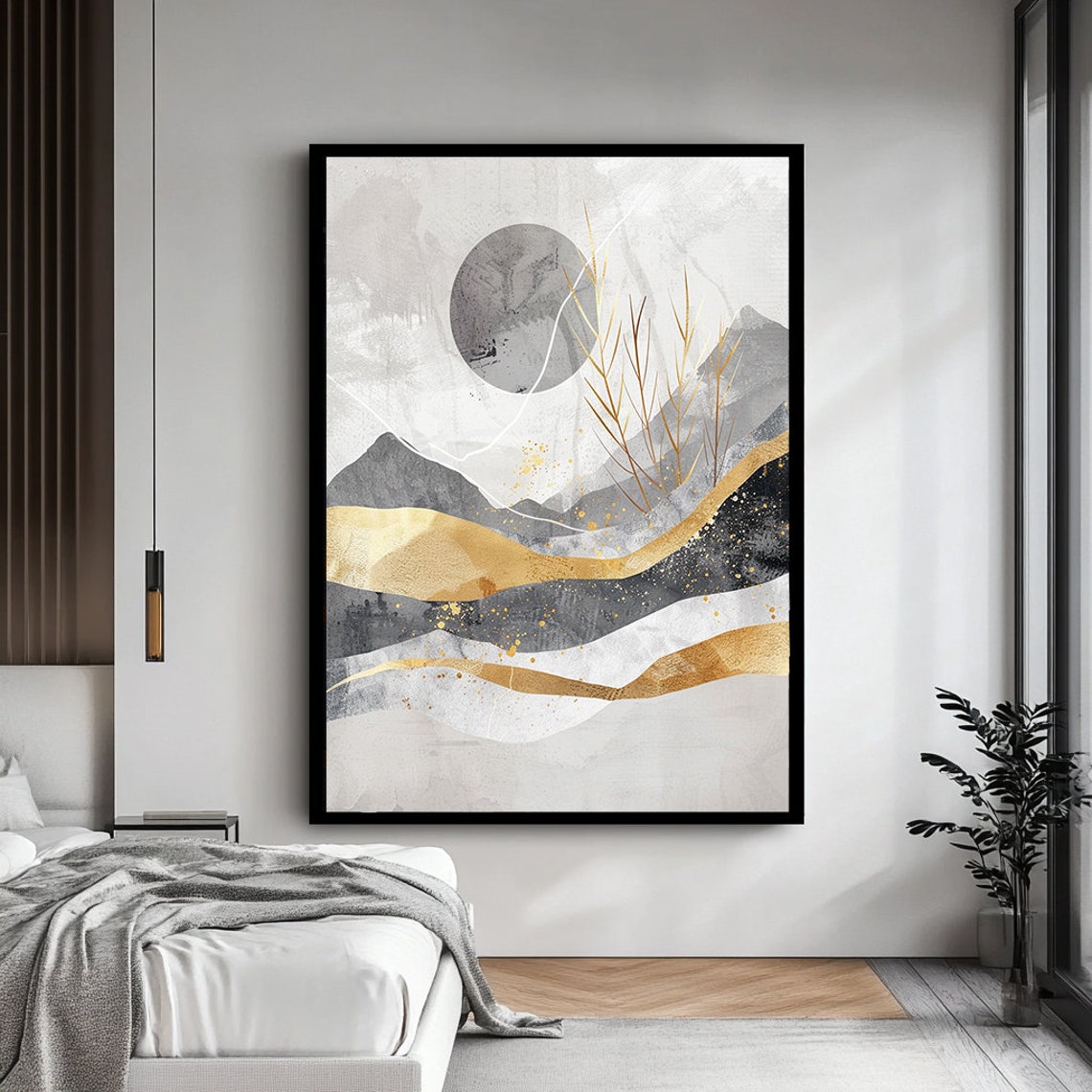 Golden Moon Over Layered Mountain Waves Abstract Landscape Wall Art - Image 3