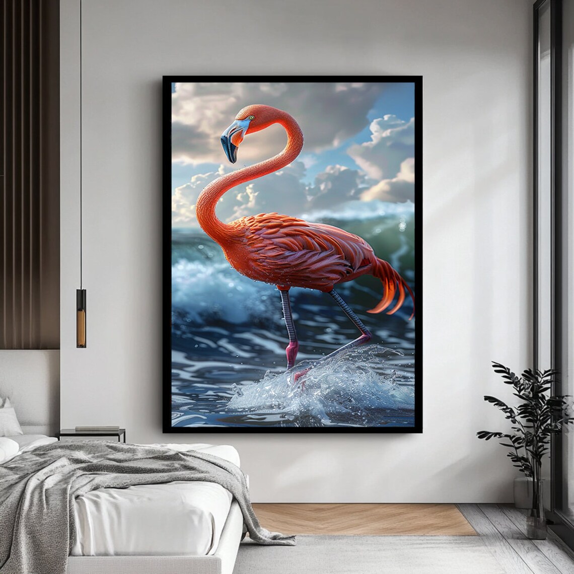 Pink Flamingo Standing Ocean Wave Splash Tropical Bird Poster - Image 4