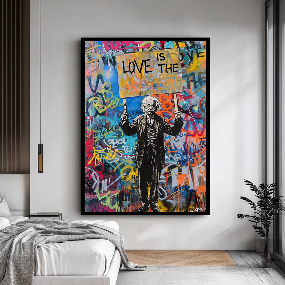 Albert Einstein Holding Love Is The Sign Graffiti Street Art Poster - Image 4