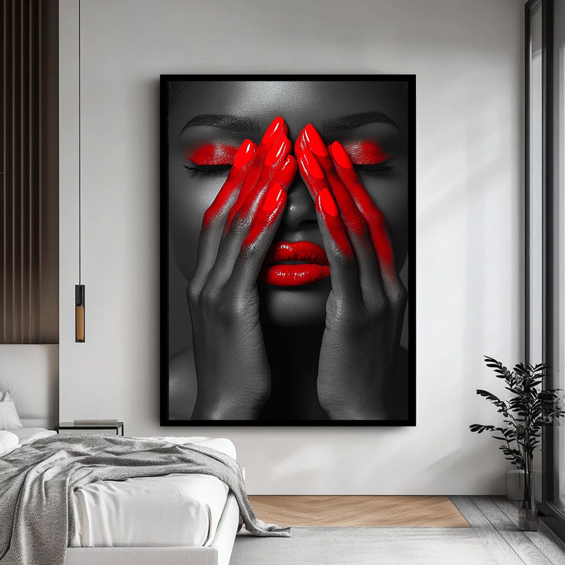 Bold Woman With Red Makeup Striking Female Portrait Art Dramatic Red Beauty Wall Decor - Image 4
