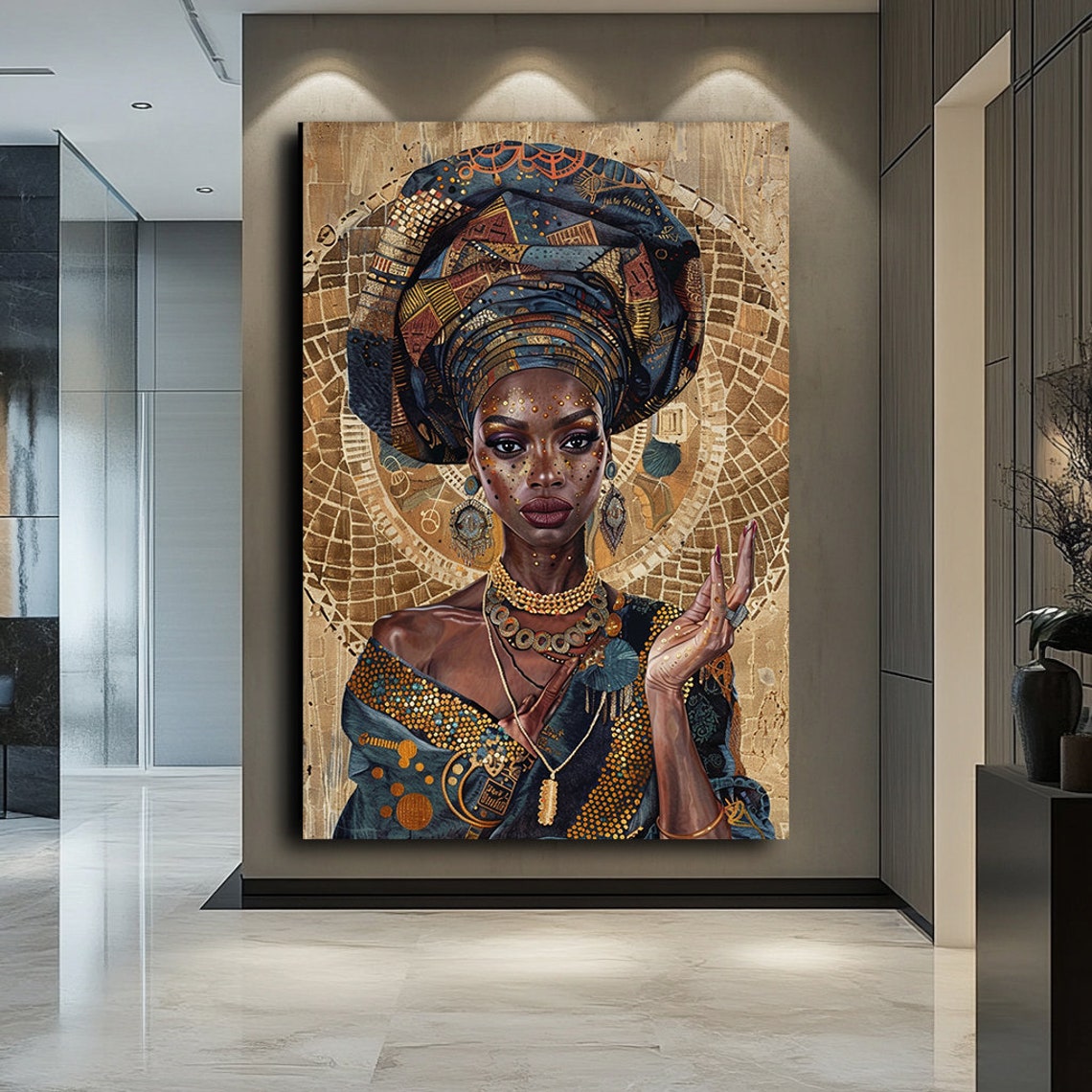 African Woman In Blue Patterned Headwrap With Gold Adornments Poster - Image 4