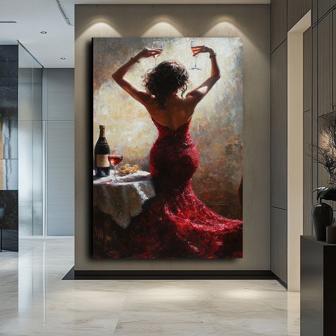 Sexy Woman In Red Dress Art Elegant Woman Holding Wine Glass Sensual Wall Decor Modern Portrait For Living Room - Image 3