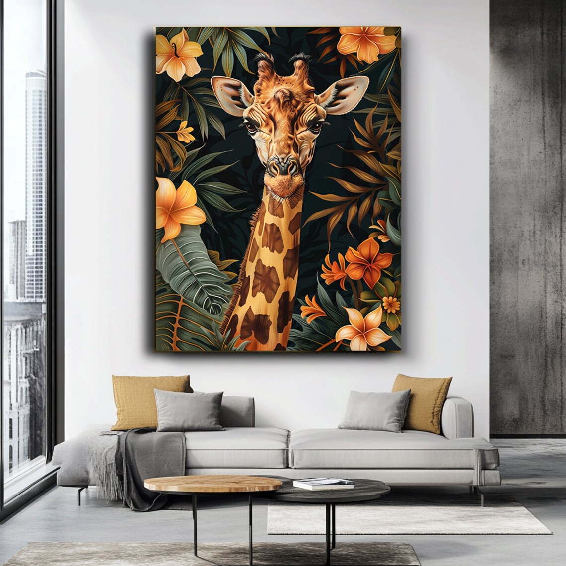 Giraffe Tropical Flowers Dark Jungle Portrait Animal Art Poster - Image 2