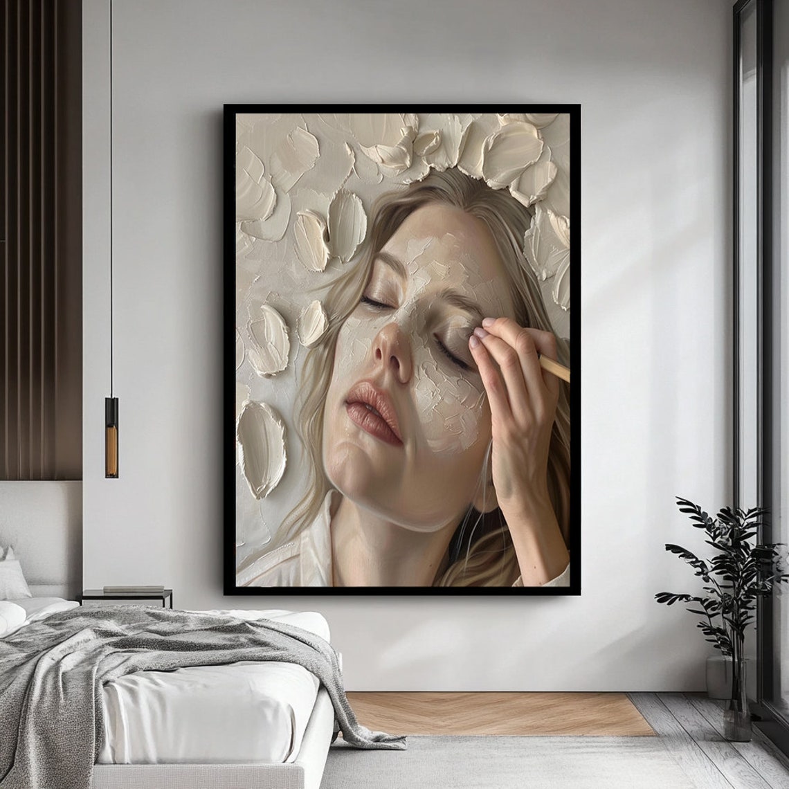 Woman Applying Makeup White Petals Serene Beauty Portrait Poster - Image 4