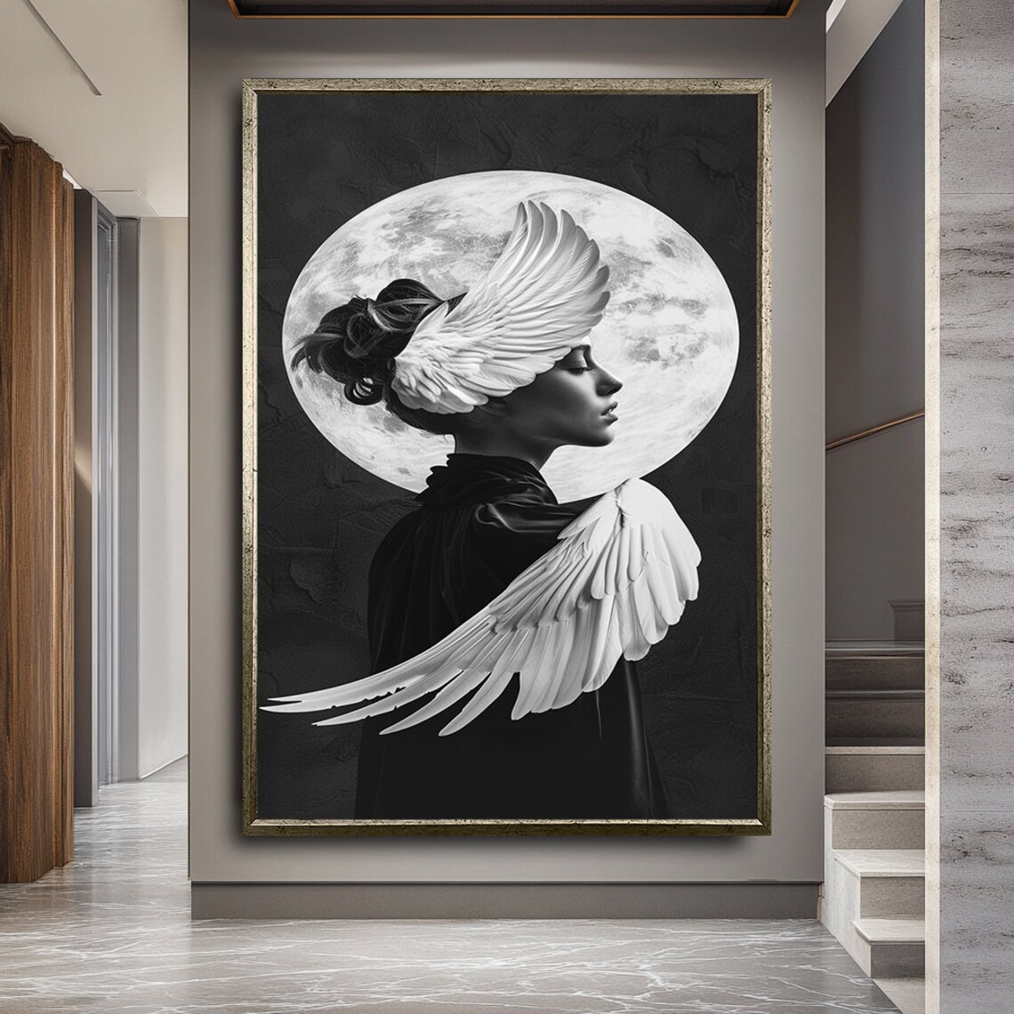 Angel Woman White Wings Full Moon Mystical Black And White Art Poster - Image 2