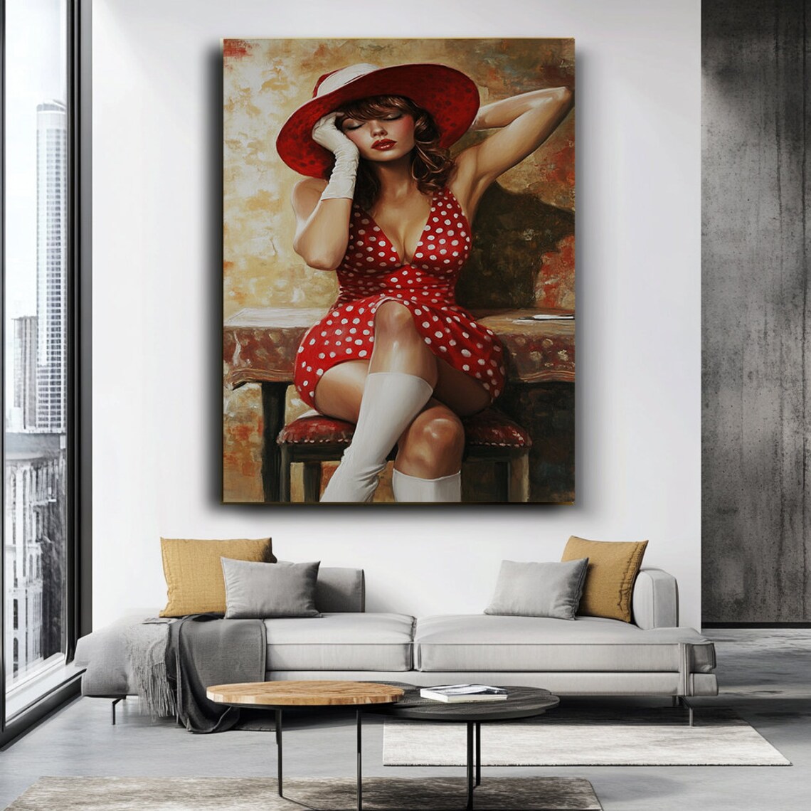Retro Pin Up Woman Red Polka Dot Dress Red Hat Vintage Glamour Wall Poster - Image 3