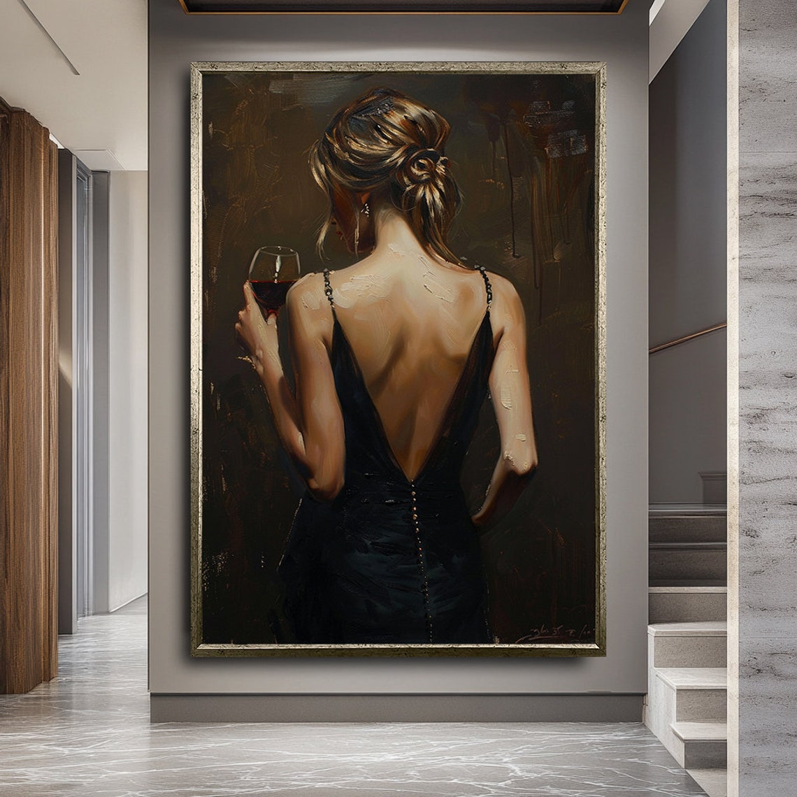Woman Backless Evening Gown Holding Wine Dark Moody Art Poster - Image 2