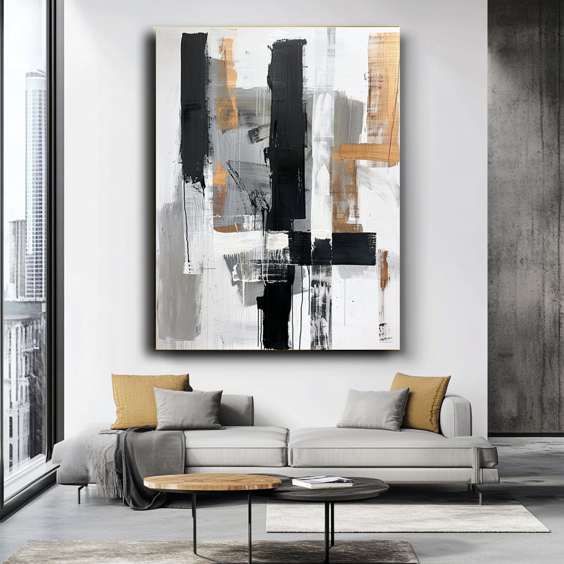 Black White And Gold Vertical Brushstroke Abstract Modern Art Poster - Image 4