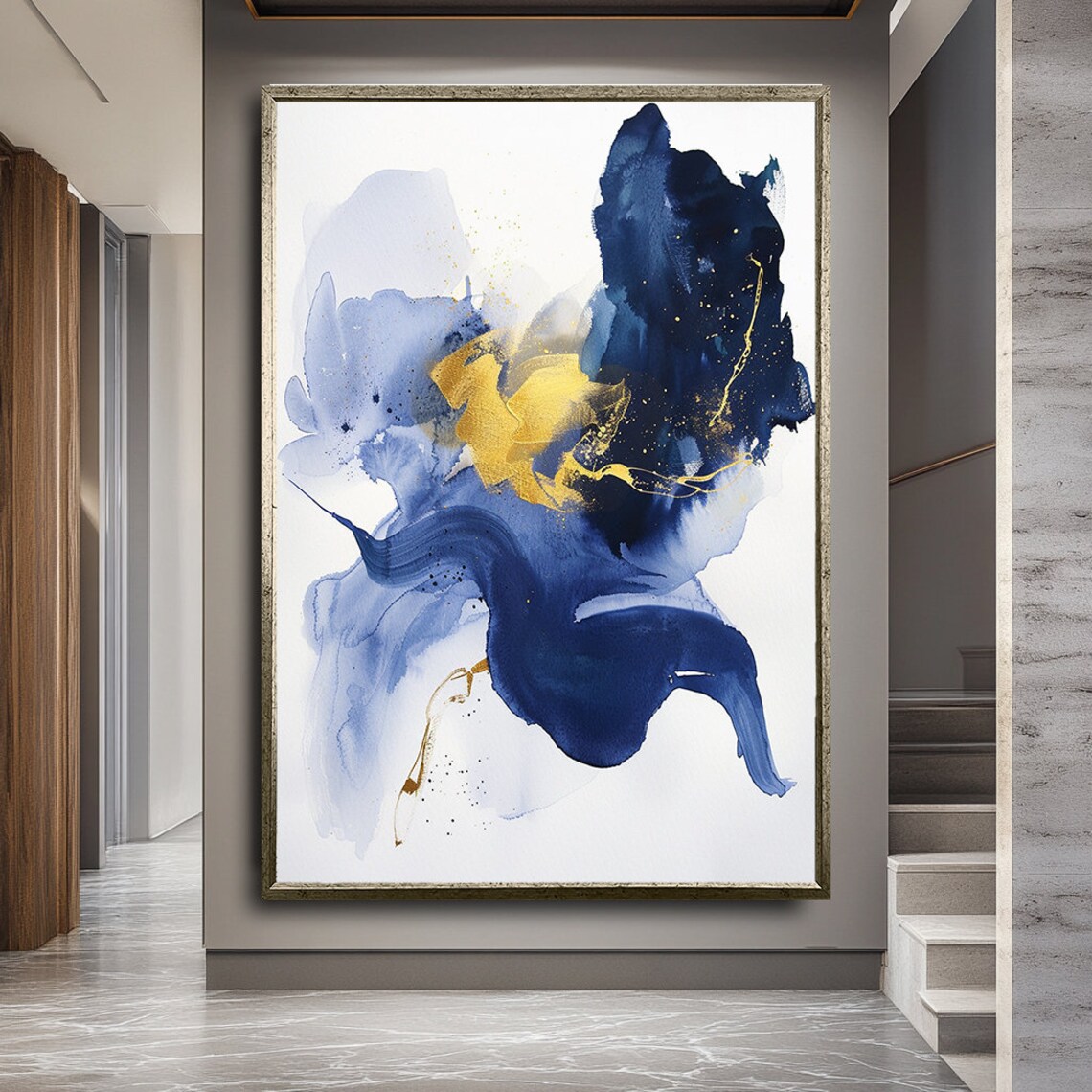 Bold Navy Gold Watercolor Sweep Abstract Expressionist Art Poster - Image 2