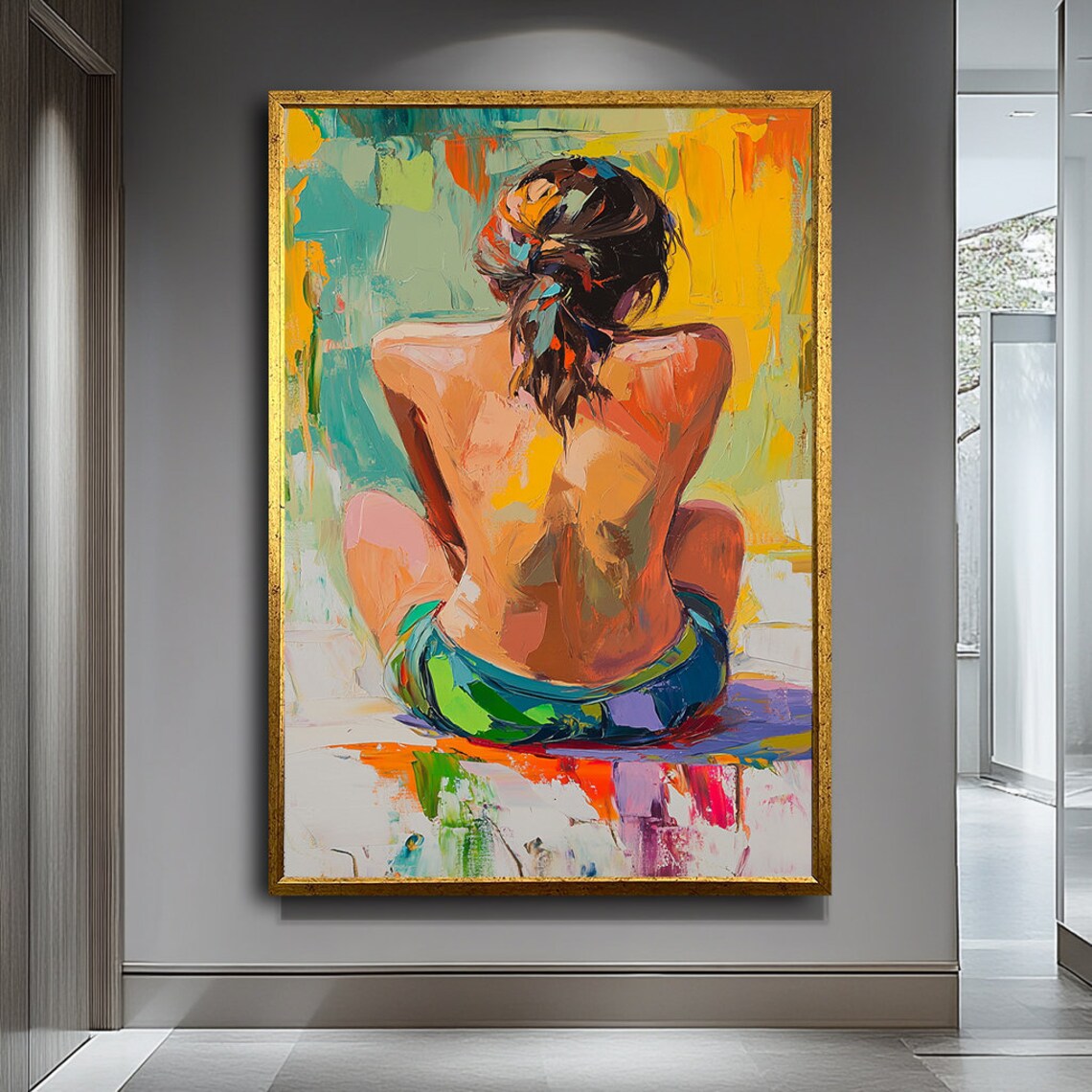Colorful Back View Woman Sitting In Sun Abstract Vibrant Painting Art Poster