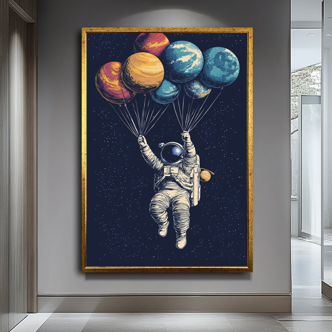 Astronaut Holding Planets, Cosmic Space Exploration Art Print