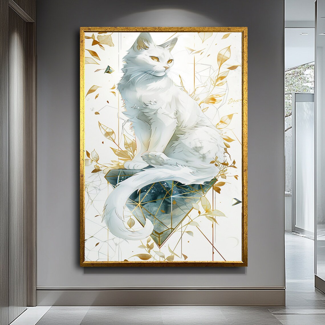 Elegant White Cat Golden Leaves Geometric Feline Portrait Poster
