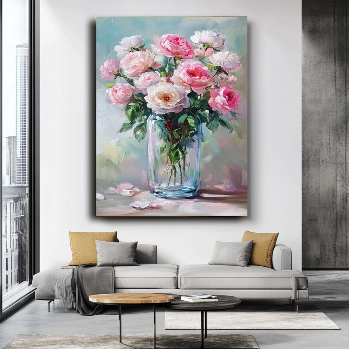 Pink White Roses In Glass Vase Against Teal Background Floral Poster
