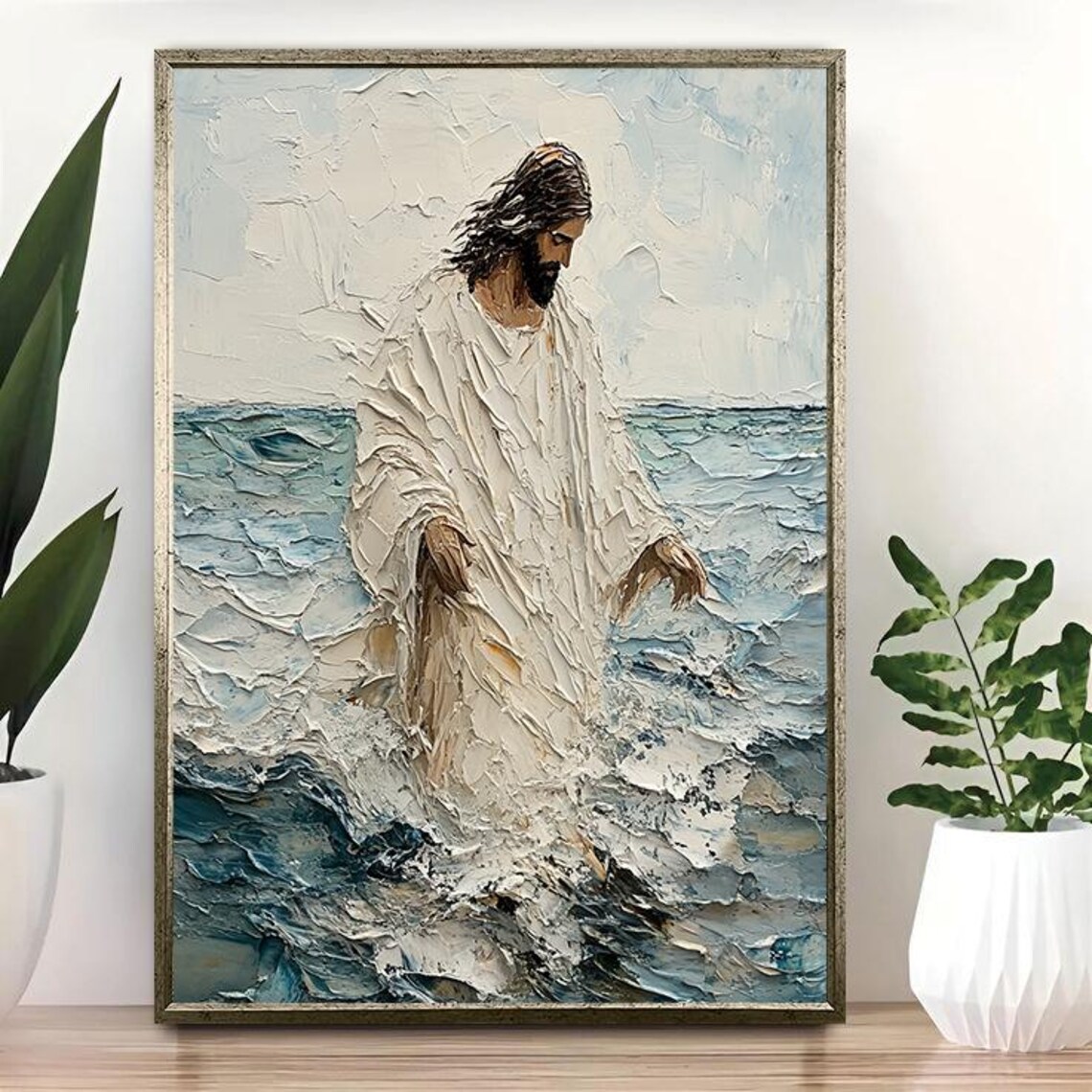 Jesus Walking on Water Textured Impasto Oil Painting Faith Art Poster - Image 2