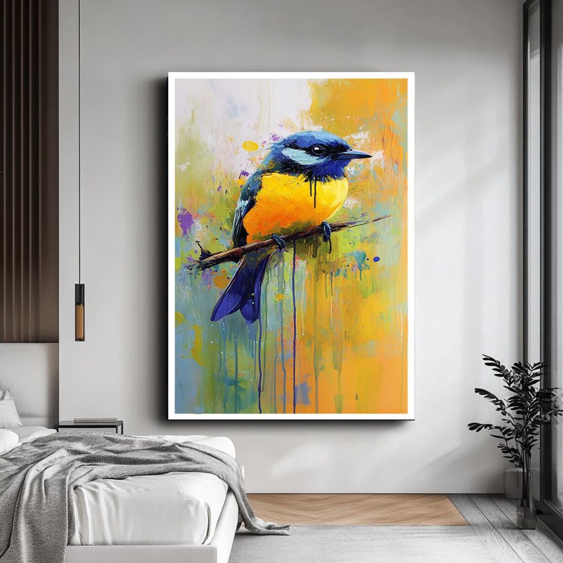 Blue and Yellow Bird on Branch Colorful Abstract Drip Paint Art Poster