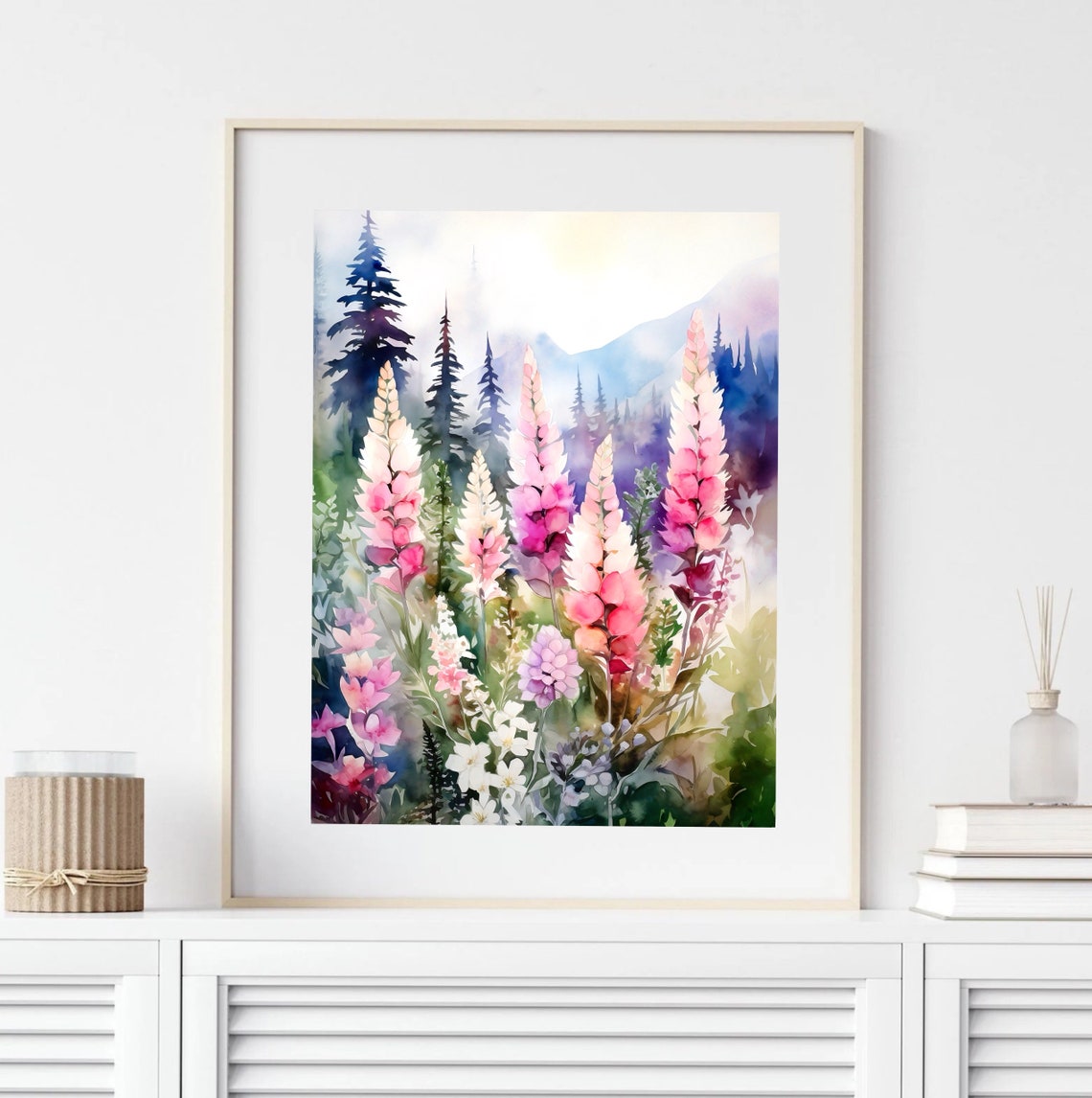 Pink Lupines Wildflowers Mountain Forest Watercolor Landscape Poster - Image 4