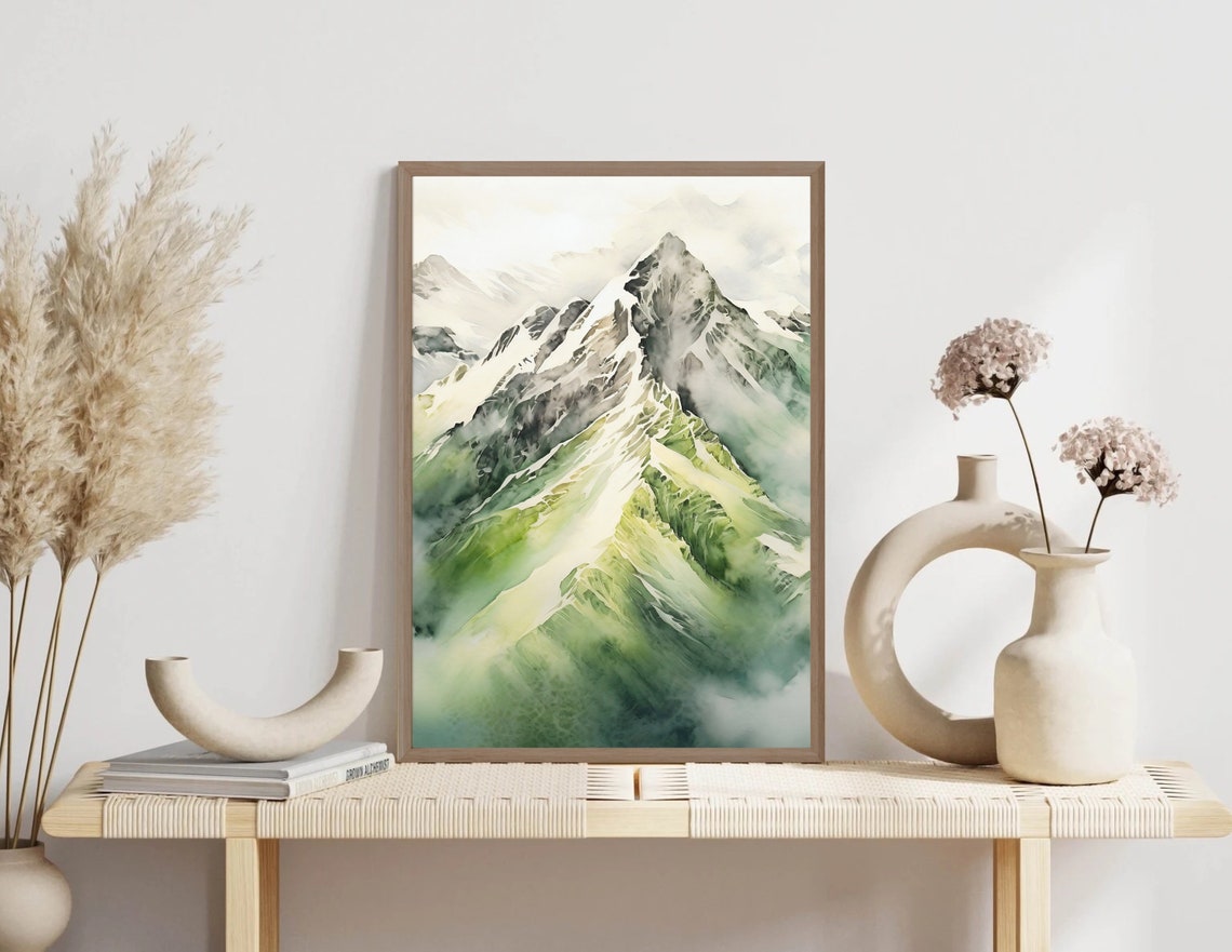 Emerald Mountain Peak Rising Through Soft Mist Watercolor Poster - Image 2