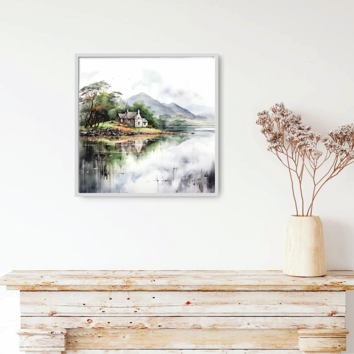 Ireland Stone Cottage Lake Reflection Misty Mountains Art Poster - Image 4