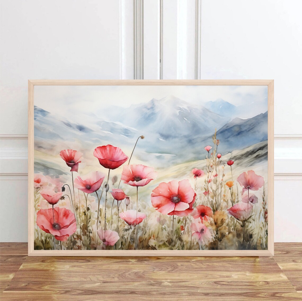 Red Poppies Blooming Field Misty Mountain Backdrop Watercolor Poster - Image 4