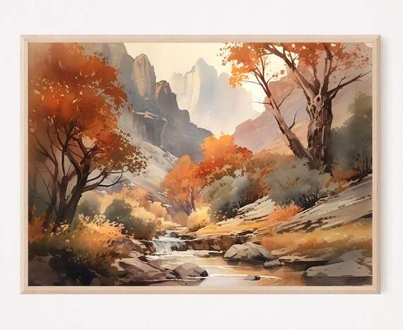Autumn Canyon Orange Trees Rocky Desert Stream Red Rock Poster
