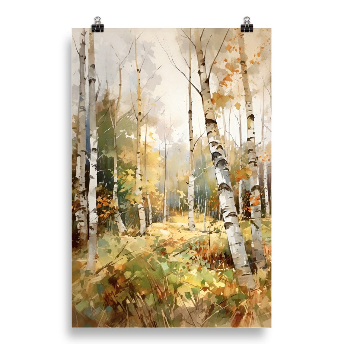 Birch Grove Autumn Trees Golden Meadow Fall Foliage Watercolor Poster - Image 5