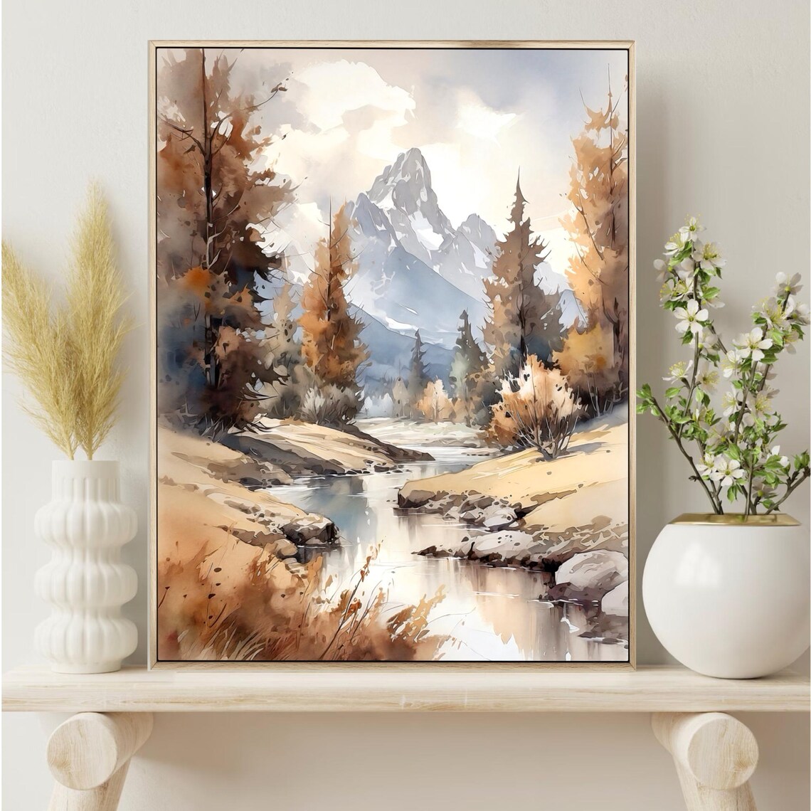 Autumn River Valley Golden Trees Snow Peak Watercolor Mountain Poster - Image 2
