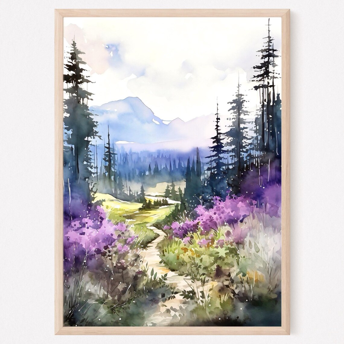 Field Of Wildflowers And Mountains Path Watercolor Art Print