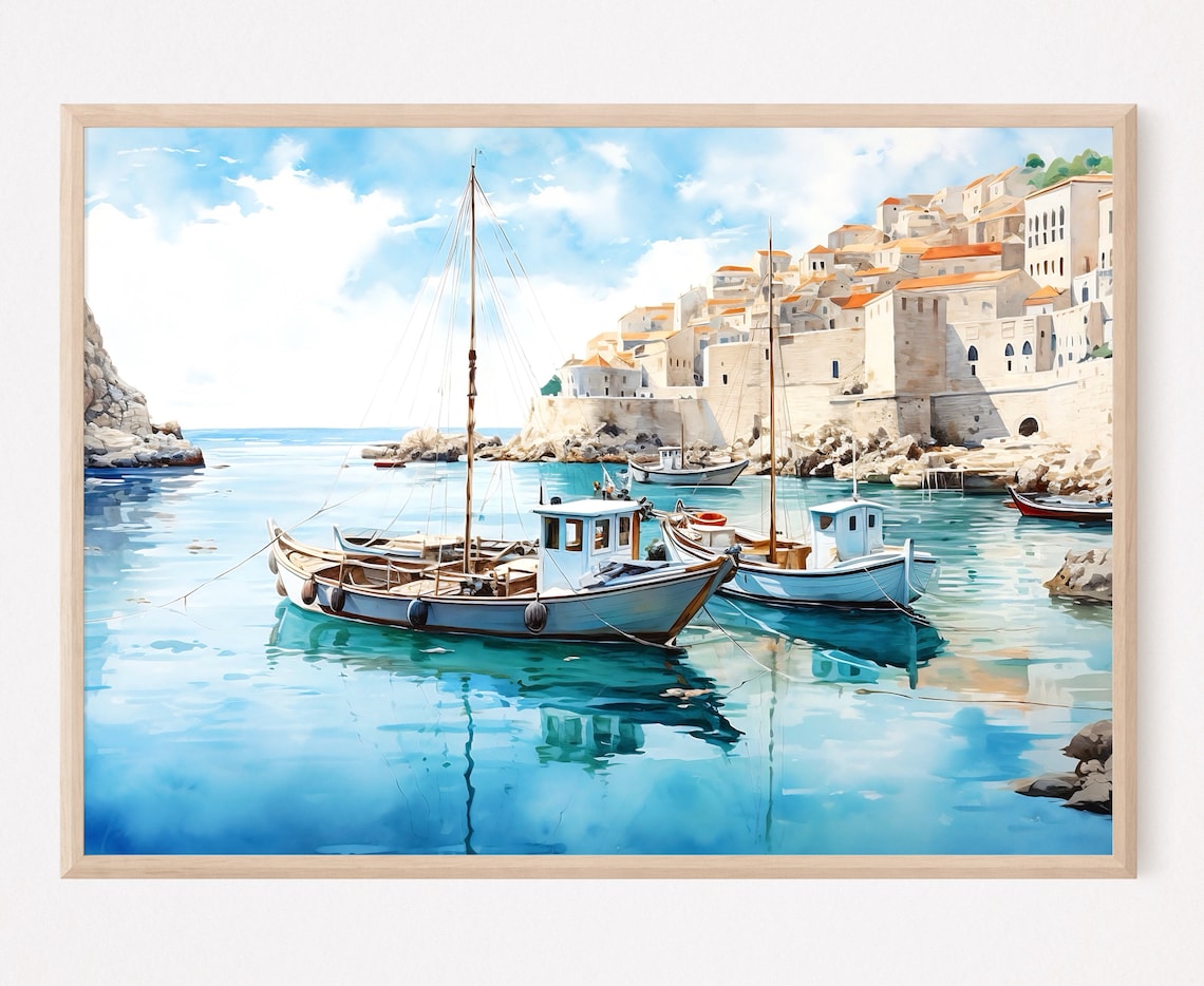 Fishing Boats Turquoise Harbor Old Coastal Town Watercolor Poster