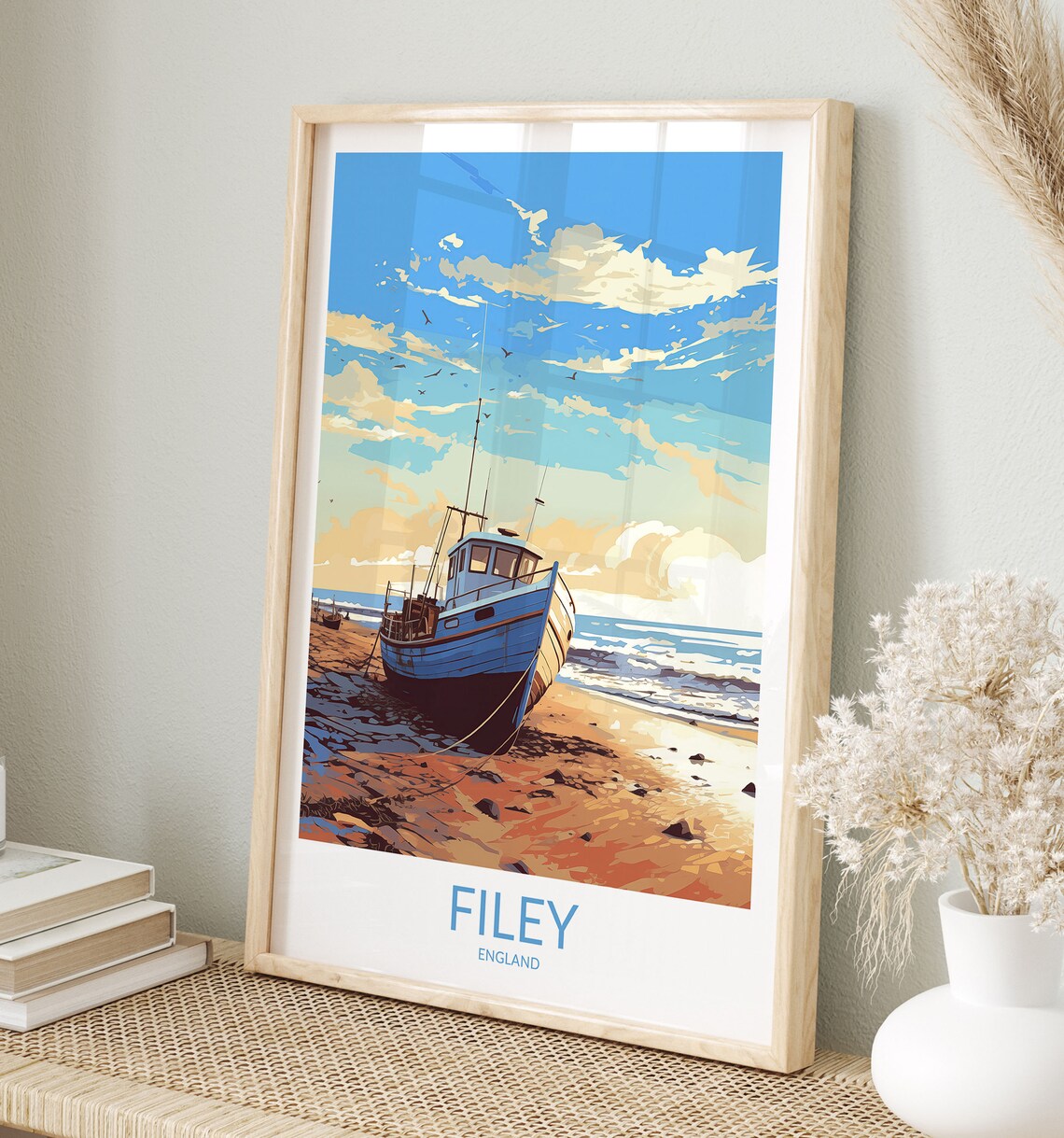 Filey England Blue Fishing Boat on Beach Sunset Travel Poster