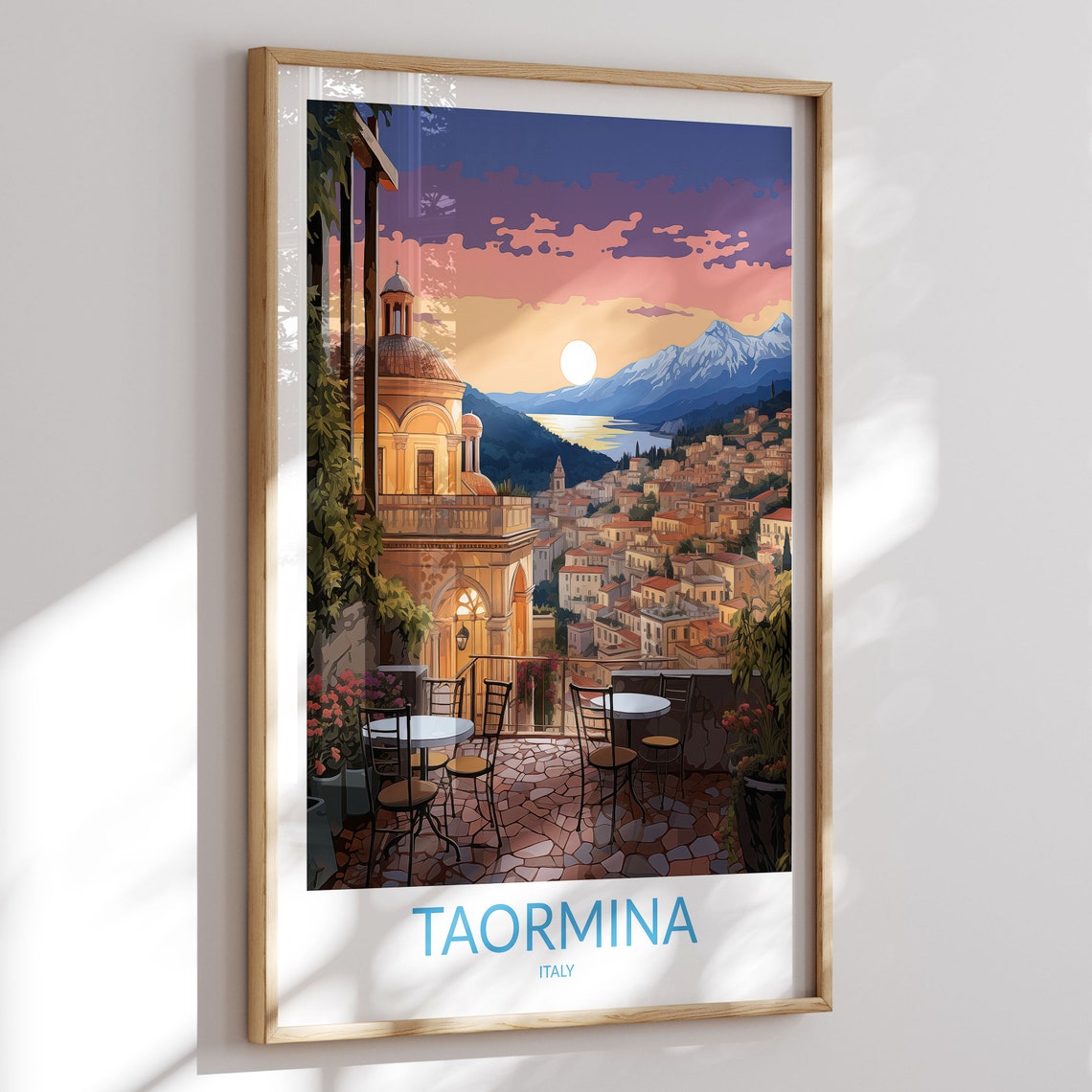 Taormina Italy Romantic Sunset Cafe Terrace Town View Poster