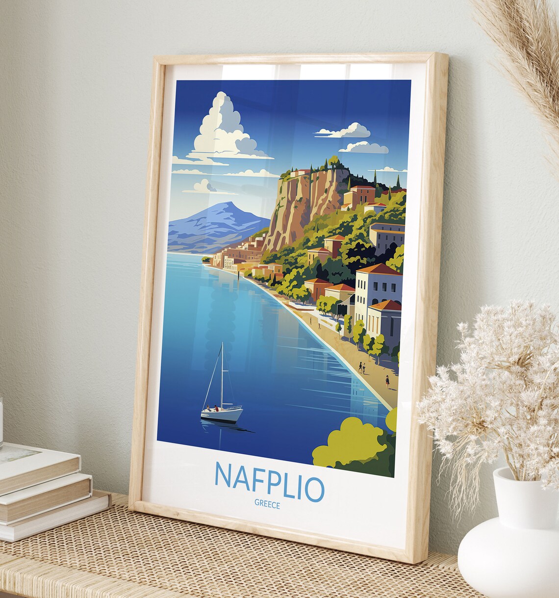 Nafplio Greece Sailboat Bay Beach Coastline Scenic Travel Poster
