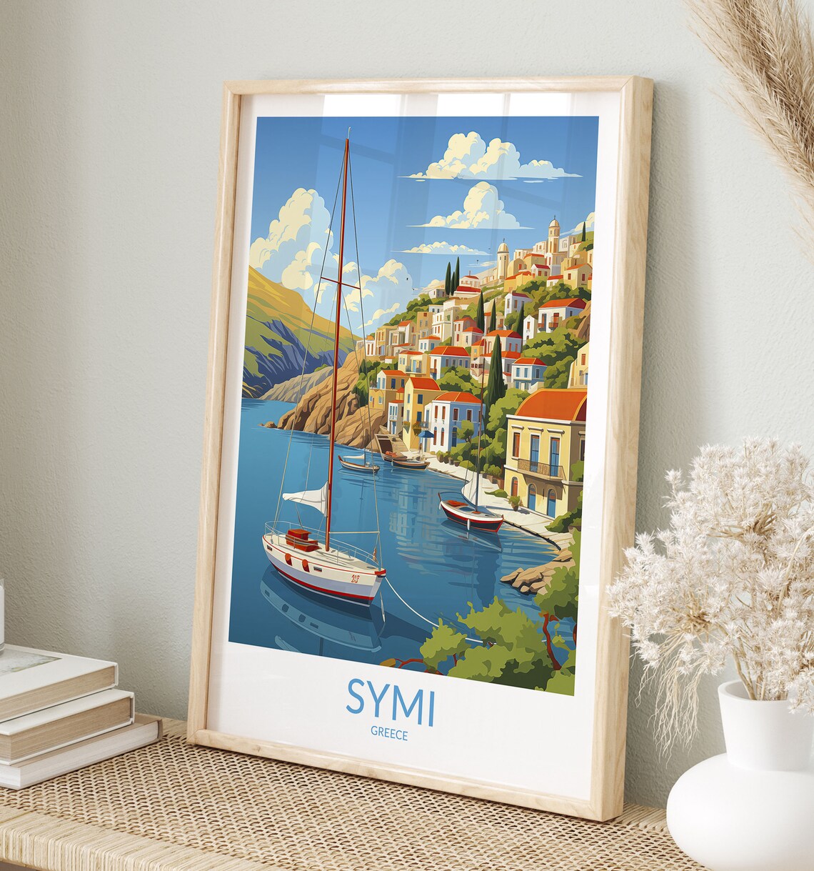 Symi Greece Sailboat on Blue Bay Colorful Old Town Travel Poster