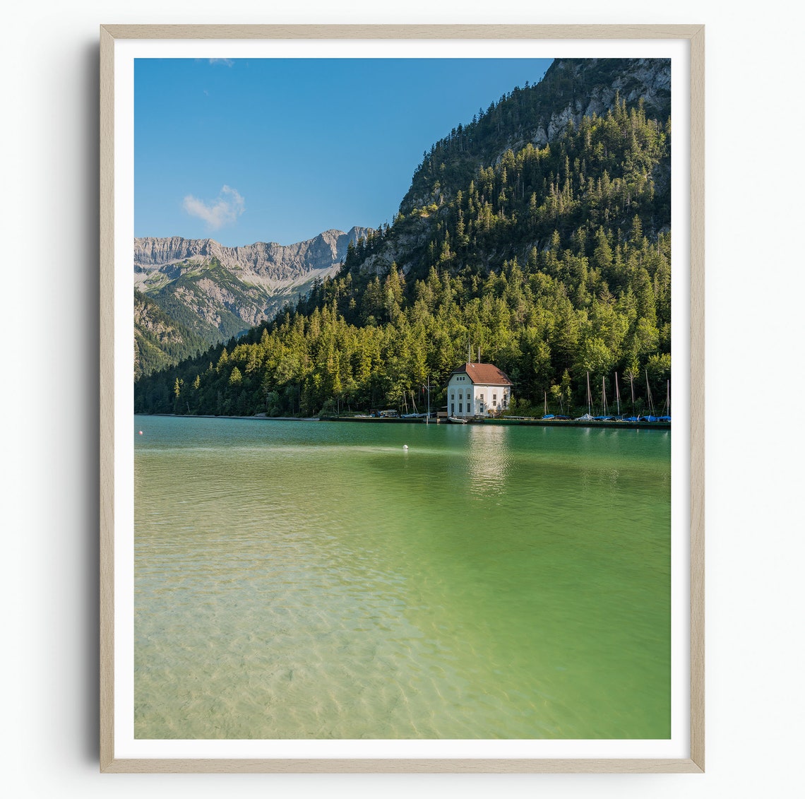 Emerald Alpine Lake White Boathouse Forest Peaks Austria Poster