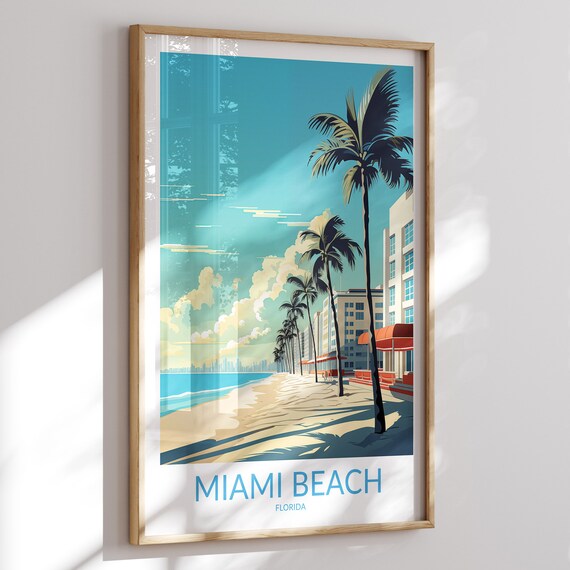 Miami Beach Florida Ocean Drive Palms Art Deco Travel Poster