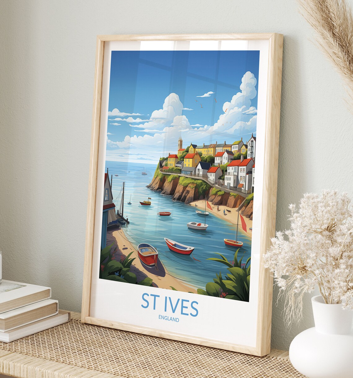 St Ives England Coastal Harbor Boats Seaside Town Vintage Poster