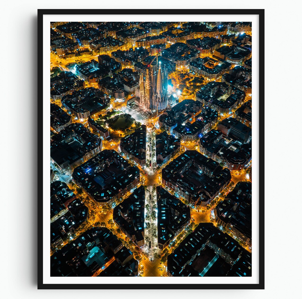 Sagrada Familia Illuminated Night Aerial Over Barcelona Streets Poster