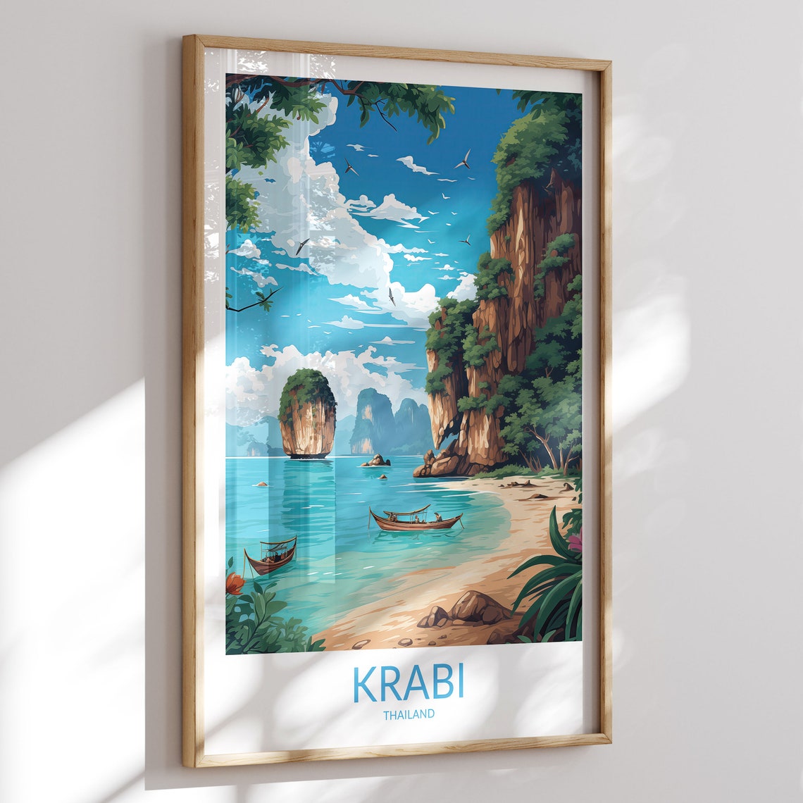 Krabi Thailand Sandy Beach Karst Island Longtail Boats Poster