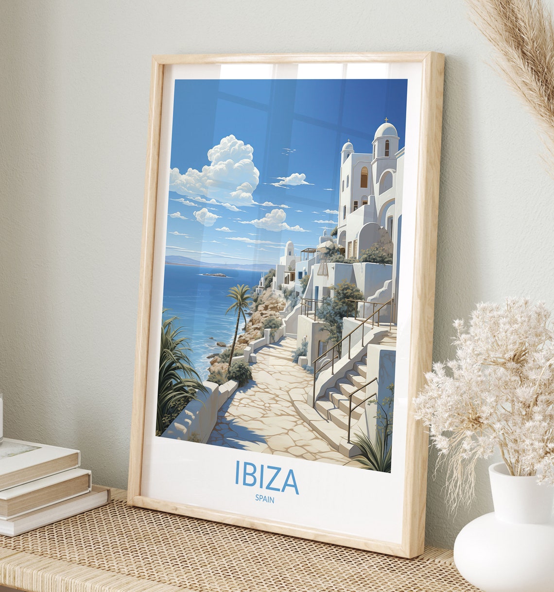 Ibiza Spain Whitewashed Clifftop Old Town Sea View Vintage Poster